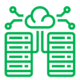 Green outline of a cloud connected to two vertical data centers.