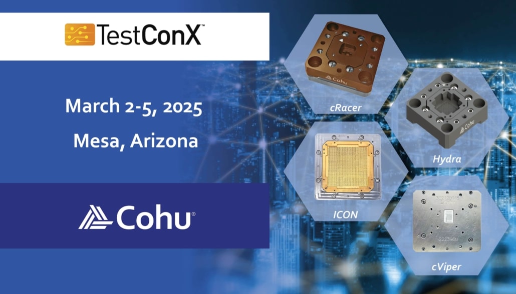 Cohu will be attending TestConX on March 2-5 in 2025. cRacer, Hydra. ICON, and cViper products are showcased with connectivity over a cityscape in the background.